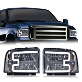 PIT66 LED Headlights, Compatible with 2005-2007 Ford F250 F350 F450 F550 Super Duty/ 2005 Ford Excursion,(Not Fit Sealed Beam Headlight model) Smoky Lens Chrome Housing Amber Reflector