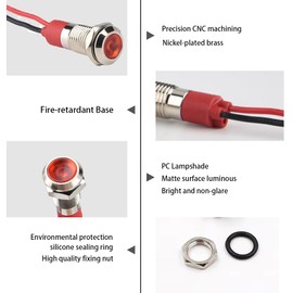 6mm LED Metal Indicator Light 12V-24V Waterproof Indicator Signal Lamp Pre-Wired for Dash Directional Industrial Control Panel Car Truck Boat 5pcs (Red