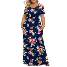 LONGYUAN Women Summer Short Sleeve Dress Casual Plus Size Maxi Long Dresses with Pockets Fl, XL Navy Blue Flower