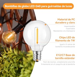 Bacane Bombillas de Repuesto LED G40 para Guirnaldas de Luces, Bombillas Irrompibles con Base E12, 1W Igual a 5W, Blanco Clido 2700k, Paquete de 25,  
