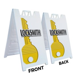 A-Frame Sidewalk Locksmith 24" x 36" Double Sided A-Frame Sidewalk Sign, Includes 2 Installed Vinyl Decals | Foldable Portable White Signicade Sandwich Board Signs