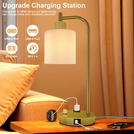GLITI Industrial Table Lamp, Stepless Dimmable Gold Desk Lamp with 2 USB Ports and AC Power Outlet, Frosted GlassShade, Eye-Caring Bedside Nightstand Lamps for Bedroom Living Room Office Reading