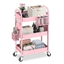 ALVOROG 3 Tier Rolling Cart with DIY Pegboards Metal Utility Cart with Wheels Handles Baskets Hooks, Craft Cart for Office Kitchen Bathroom(Cherry Blossom Pink)