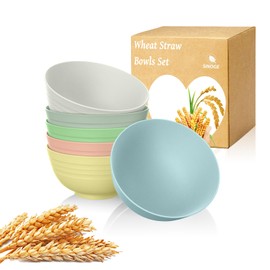 SINOGE Wheat Straw Bowls Set of 6, 26 OZ Cereal Bowls Unbreakable Plastic Bowls Reusable for Kitchen, Microwave & Dishwasher Safe Serving Bowls for Fruit,Salad,Oatmeal,Snack- Macaron Feast