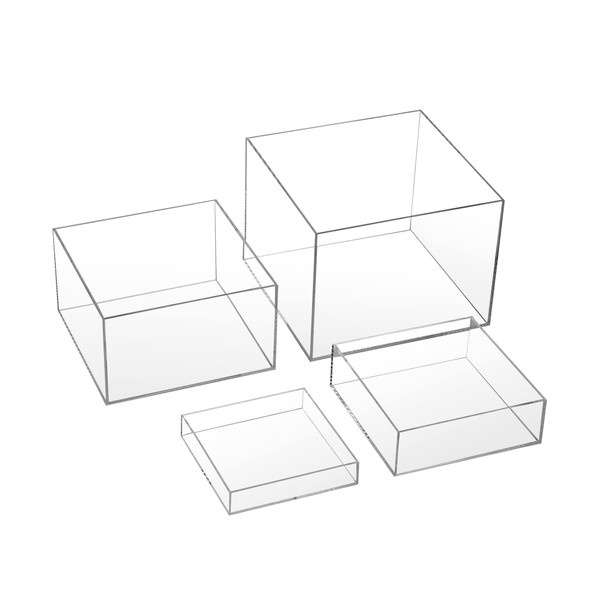 Kcgani Clear Acrylic Cube Display Box, 5 Sides Crystal Acrylic Risers Stands, Transparent Square Organizer Base for Props Art Collectible Models Memorabilia Trophies Business Expos Display, 4 Pcs