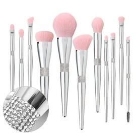 Set de Brochas de Maquillaje 11PCS con Mango de Cristal Brillante Plateado, Kit de Brochas Cosméticas con Caja de Regalo, Cerdas Sintéticas Suaves Veganas para Base, Polvo, Sombras, Cejas y Labios para Mujer