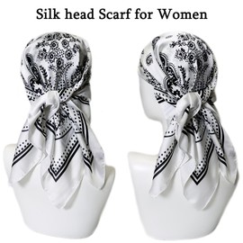 27.5'' Silk Feeling Scarf Medium Square Satin Head Neck Scarf for Women Hair Sleeping at Night，9-White