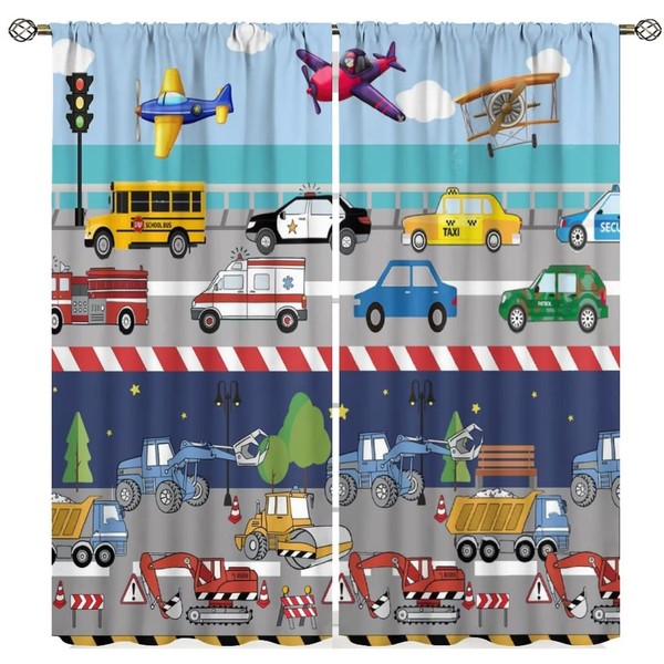 Kids Boys Construction Curtains Cartoon Colorful Cars Bulldozer Tractor Truck