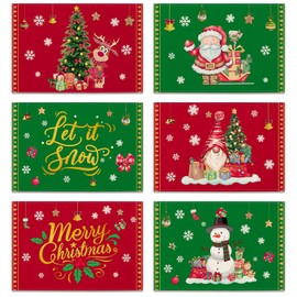 Ohok Christmas Place Mats Washable Set of 6 Polyester Linen Place Mats 30 x 45 cm, Christmas Table Coasters Place Mats for Kitchen Dining Table Hotel Christmas Table Decoration (Santa Deer)