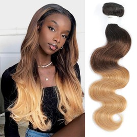 REMY Hair Ombre Brazilian Body Wave Hair Bundle 3 Tone 1b/4/27 Color Curly Wave Brazilian Human Hair One Bundle T1B/4/27 Ombre Human Hair Bundle for Black Women (12inch)