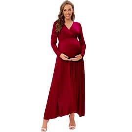 ZIUMUDY Maternity V Neck Wraped Maxi Dress Long Sleeve Maternity Gown for Wedding Photoshoot Baby Shower (Burgundy, Small)