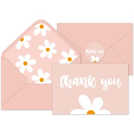 Whaline 24Pcs Daisy Thank You Cards with Envelopes and Stickers Pink White Boho Flower Greeting Cards Blank Note Cards For Birthday Wedding Party Supplies
