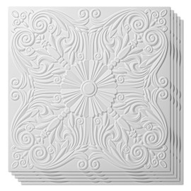Art3d Decorative Ceiling Tile 2x2 Glue up, Lay in Ceiling Tile 24x24 Pack of 12pcs Spanish Floral in Matt White