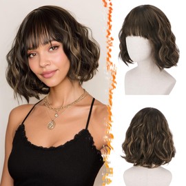 BARSDAR Kurze Gewellt Bob Perücke mit Pony, Kurze Lockige Welle Perücke Texturierte French Bob Perücken mit Pony für Frauen Synthetische Natürlich Haar Perücken Party - Braun Mix Auburn Highlights