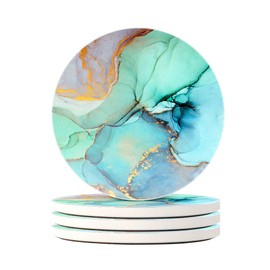 Lahome Marble Style Coasters - Round Drinks Absorbent Stone Coaster Set with Ceramic Stone and Cork Base for Kinds of Mugs and Cups (Ocean Green, 4)