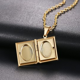 Cupimatch Photo Pendant Locket for Opening: Square Chain Pictures Photo Pendant Rectangular Chain Women's Amulet Necklace with 45 cm Chain, Stainless Steel