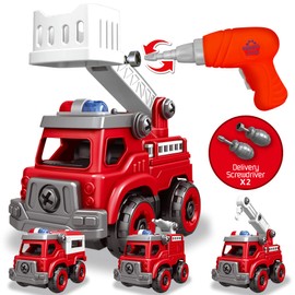Toyk 4-in-1 Take Apart Toys Truck with Electric Drill, DIY Assembly Fire Truck Toy Vehicles, Kids STEM Building Educational Cars Toys, Birthday Gifts for Age 3 4 5 6 7 8 Years Old Boys Girls