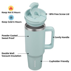BJPKPK - Vaso aislado de 40 onzas con tapa y popote, vaso de acero inoxidable con asa para mujeres y hombres, color azul neblina