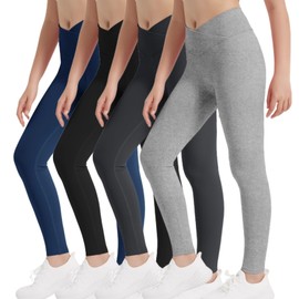 EXARUS 4 Pack Girls Leggings Kids Athletic Yoga Pants Crossover V Waist High Waisted Compression for School Dance Black Blue Heather Grey Dark Grey 10Y