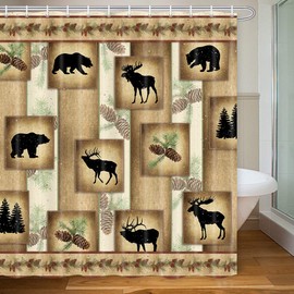 MERCHR Rustic Decor Fabric Shower Curtain, Cute Bear Deer and Forest Design, Country Style Wildlife Animal Art Vintage Farmhouse Lodge Cabin Cloth Shower Curtains Bathroom Accessories, 71X71 Inches