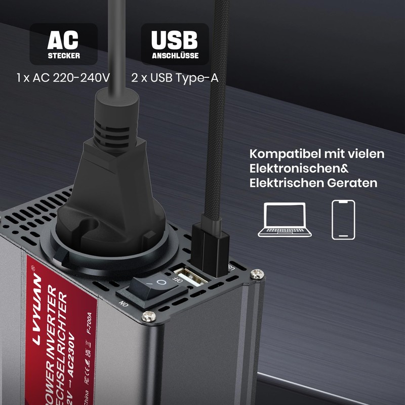 LVYUAN 900 W Inverter DC 12 V to 230 V