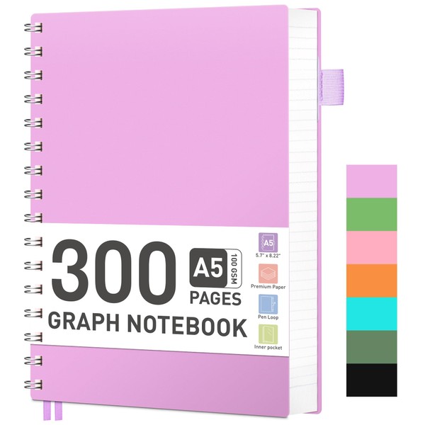 RETTACY Notepad A5 Squared Spiral Notebook 100gsm with 300 Pages/150