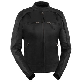 True Element Womens Scooter Collar Leather Motorcycle Jacket With Reflective Piping (Black, Size 2XL)