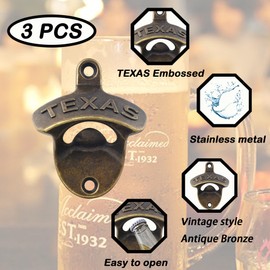 Luwanburg Vintage TEXAS Bottle Opener Wall Mounted Beer Cap Opener Post Mounted Antique Bronze (Pack of 3)