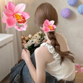 4 Colors Artificial Flower Hair Clips, Bohemian Hawaiian Flower Hair Accessories for Seaside Holiday, 3.5 Inch Bridal Bobby Pins Headwear for Women Girls (Twin Flowers) (Hair Elastic)