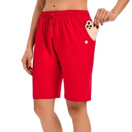 LUCKYCATCUS - Bermudas para mujer, pantalones cortos de jersey con bolsillos, pantalones cortos largos para yoga, caminar, atletismo, para mujer, hasta la rodilla, Rojo -, L