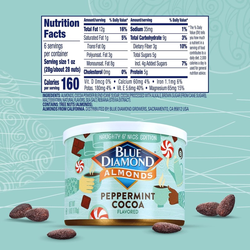 Blue Diamond Almonds, Peppermint Cocoa Holiday Snack Nuts, 6 Oz(Pack