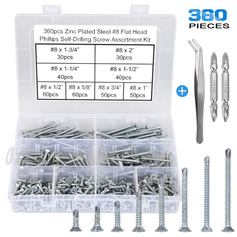 FandWay 360 Pcs M4.2(#8) Zinc Plated Steel Countersunk Head Phillips