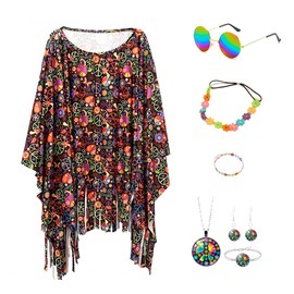 Hippie Costume Women's Set, 7 Pieces Women's Poncho Set, 60s 70s Hippie Clothing, Hippie Costume Set, Fancy Dress Costume with Poncho Necklace Earrings Sunglasses for Carnival Disco Party Cosplay