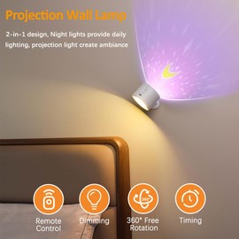 LED Wall Sconces with Remote, 3 Color Temps Rechargeable Wall Lights with Star Projection Light, 360°Rotation Dimmable Cordless Wall Mounted Lights LED Night Lights for Bedroom Kids Room (White)