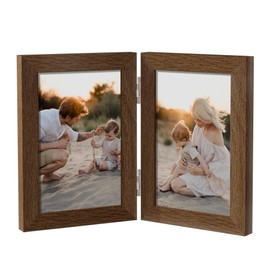 Axeman 4x6 Double Picture Frame - Solid Oak Wood Vertical Hinged 4x6 Photo Frame 2 Opening Folding Family Frames Collage With Real Glass for Tabletop Display, Extra Hanging Hardware Included | Walnut