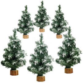 Jylucky 6PCS Tabletop Mini Christmas Tree, Snow Artificial Christmas Trees with Wood Base Crafts Trees Miniature Pine Tree Perfect for Christmas Mantel Home Table Holiday Decor (6PCS Style A)