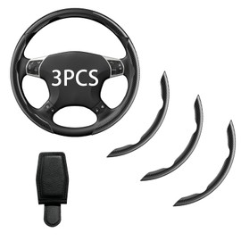 Steering Wheel Covers, Carbon Fiber Anti-Skid Clip on Car Steering Wheel Cover Protector 3PCs, with Magnetic Leather Sunglasses Holder for Car Visor, Black