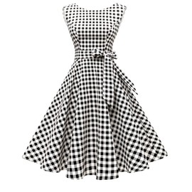 Hanpceirs Women's Boatneck Sleeveless Swing Vintage 1950s Cocktail Dress Black White Small Plaid M
