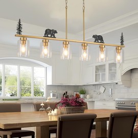 HermnJakk 48-Inch Black and Gold Dining Room Lights with Clear Glass Shade, 6-Light Kitchen Island Lighting, Rustic Chandelier for Dining Room Kitchen Island Lighting,Modern Farmhouse Chandelier