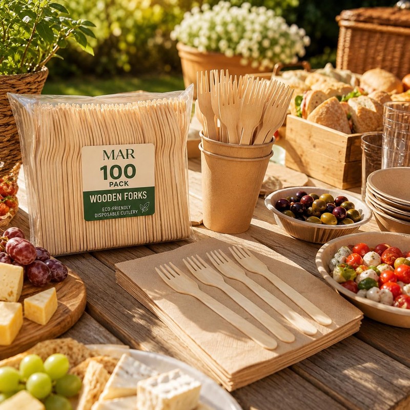 MAR Wooden Forks 100 Pack Disposable Cutlery Compostable for Parties