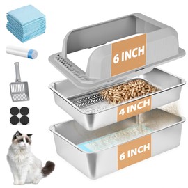 Homegroove Stainless Steel Sifting Litter Box for Pine Pellets, 23.6''Lx15.7''Wx12''H Cat Litter Box with Lid for Indoor Cats Metal Pellet Sifter Litter Pan with Plastic Scoop &10 Urine Pads (6 Inch)