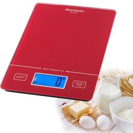 Westmark Digitale Küchenwaage mit Tara-Funktion, Wiegebereich bis 5 Kg, Glas-Wiegefläche, 22 x 15,3 x 2, Functiona, Rot, 30342260