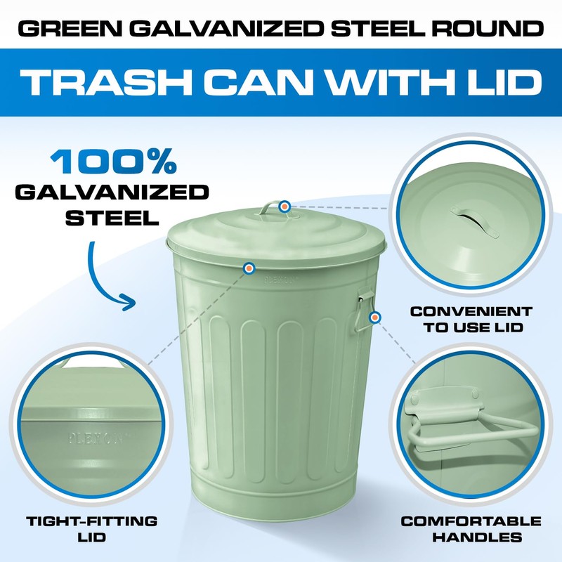 Plexon Round Trash Can 13 Gallon, Vintage Metal Outdoor Trash