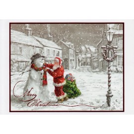 Holiday Cards Christmas Santa With Snowman Black And White Winter Snow Scene Greeting Cards