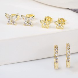 ASH'S CHOICE 12 Pairs Multipack Earrings Silver 925 Hoop Earrings Gold Stud Earrings Small Set Glitz Hoop Earrings Square Oval Heart Small Stud Earrings with 5A Zircon Rhinestone 9ct Gold Earrings Set