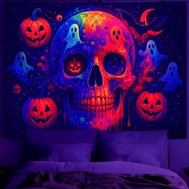 Blacklight - Tapiz de Halloween reactivo a los rayos UV que brilla en la oscuridad, escena nocturna de terror espeluznante con esqueleto, castillo y efectos de neón, decoración estética para fiesta