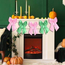 Suncalla Large Pink Green Bow Garland Banner Coquette Birthday Party Decorations Satin Ribbon Bow Hanging Garland for Bachelorette Baby Shower Bridal Shower Engagement Party Supplies