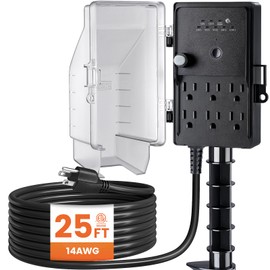 SURAIELEC Outdoor Power Stake, Dusk to Dawn Light Timer, 25FT Extension Cord Multiple Outlet; 6 Electrical Outlet Power Strip Weatherproof, for Patio Lights, Sprinkler, Garden, Christmas Decorations