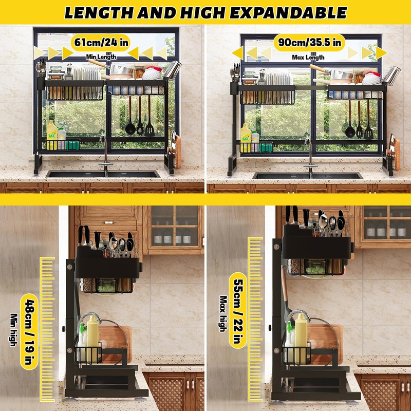 ilvvan Over Sink Dish Drying Rack (Expandable Height/Length) Snap-On Design