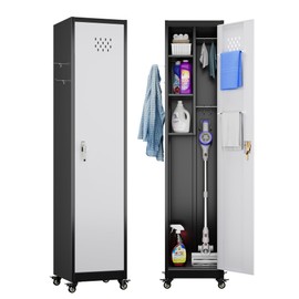 Aobabo 72" H Lockable Storage Cabinet with Wheels, Metal Cleaning Tool Cabinet with Hooks, Cleaning Supplies for Broom Rack Shelf for Broom mops Garage Storage, Black White, Assembly Required